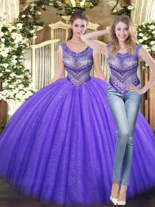 Customized Lavender Ball Gowns Tulle Scoop Sleeveless Beading Floor Length Lace Up Quinceanera Dress