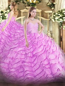 Exquisite Sweetheart Sleeveless 15th Birthday Dress Brush Train Beading and Ruffled Layers Lilac Organza