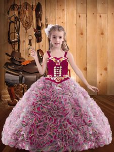 Multi-color Ball Gowns Straps Sleeveless Fabric With Rolling Flowers Floor Length Lace Up Embroidery and Ruffles Pageant