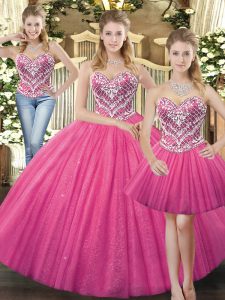Hot Pink Ball Gowns Beading Sweet 16 Dress Lace Up Tulle Sleeveless Floor Length