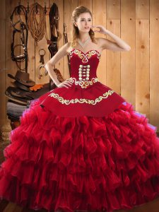 Sweetheart Sleeveless Lace Up Quinceanera Dresses Wine Red Satin and Organza