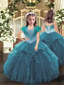 Stylish Floor Length Lace Up Child Pageant Dress Teal for Party and Sweet 16 and Quinceanera and Wedding Party with Bead