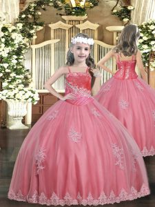Watermelon Red Sleeveless Floor Length Appliques Lace Up Pageant Gowns For Girls