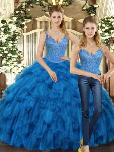 Custom Fit Straps Sleeveless Lace Up Quince Ball Gowns Teal Organza