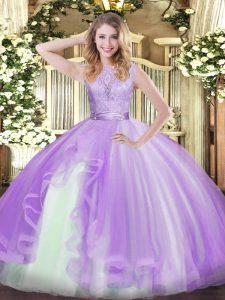 Scoop Sleeveless Quinceanera Gown Floor Length Lace and Ruffles Lavender Organza