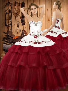 Wine Red Ball Gowns Sweetheart Sleeveless Organza Sweep Train Lace Up Embroidery and Ruffled Layers Quinceanera Dress