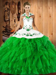Embroidery and Ruffles Sweet 16 Dress Green Lace Up Sleeveless Floor Length