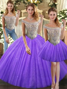 Eggplant Purple Bateau Lace Up Beading Quinceanera Gown Sleeveless