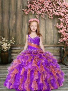 Sleeveless Lace Up Floor Length Beading and Ruffles Little Girls Pageant Gowns