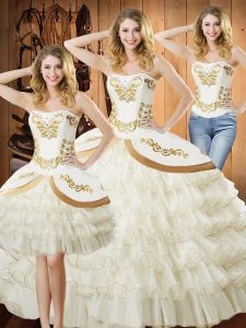 Noble White Organza and Taffeta Lace Up Quinceanera Dresses Sleeveless Floor Length Embroidery and Ruffled Layers