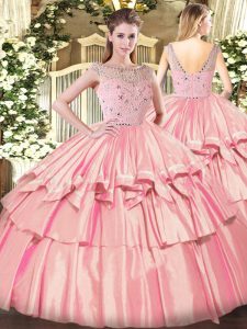 Tulle Bateau Sleeveless Zipper Beading and Ruffled Layers Quince Ball Gowns in Rose Pink