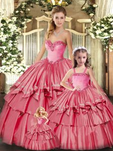 Vintage Watermelon Red Ball Gowns Organza Sweetheart Sleeveless Ruffled Layers Floor Length Lace Up Quinceanera Gown