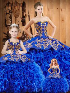 Sweetheart Sleeveless Vestidos de Quinceanera Court Train Embroidery Royal Blue Fabric With Rolling Flowers