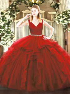 Simple Wine Red Ball Gowns Tulle V-neck Sleeveless Beading and Ruffles Floor Length Zipper Quinceanera Dress