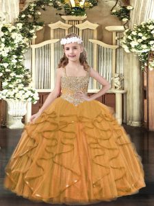 Beading and Ruffles Little Girl Pageant Gowns Orange Lace Up Sleeveless Floor Length