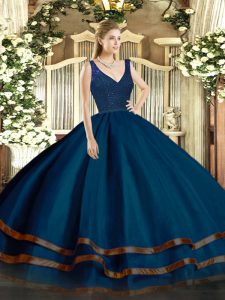 Flare Navy Blue Sleeveless Beading and Ruffled Layers Floor Length Quince Ball Gowns