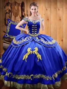Vintage Off The Shoulder Sleeveless Lace Up 15 Quinceanera Dress Royal Blue Satin and Organza