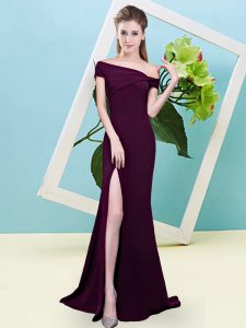 Fashionable Burgundy Mermaid Off The Shoulder Sleeveless Elastic Woven Satin Floor Length Zipper Ruching Wedding Guest D