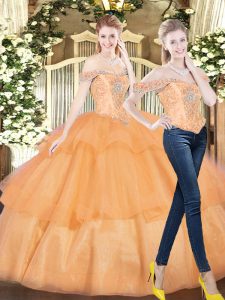 Orange Red Sleeveless Floor Length Beading and Ruffled Layers Lace Up Quinceanera Gowns