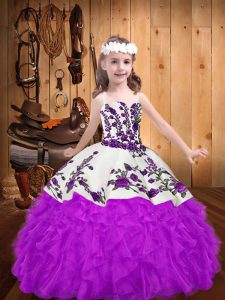 Sleeveless Floor Length Beading and Embroidery and Ruffles Lace Up Little Girl Pageant Gowns with Purple