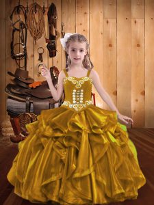 Gold Straps Neckline Embroidery and Ruffles Girls Pageant Dresses Sleeveless Lace Up