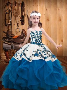 Straps Sleeveless Child Pageant Dress Floor Length Embroidery and Ruffles Blue Organza