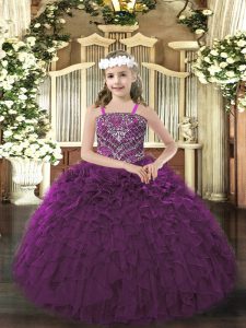 Sleeveless Floor Length Beading and Ruffles Lace Up Kids Pageant Dress with Dark Purple
