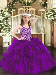 Straps Sleeveless Kids Formal Wear Floor Length Beading and Ruffles Purple Organza