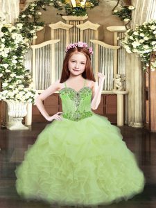Organza Spaghetti Straps Sleeveless Lace Up Beading and Ruffles and Pick Ups Little Girl Pageant Gowns in Yellow Green
