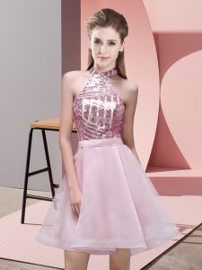 Sequins Wedding Guest Dresses Pink Backless Sleeveless Mini Length