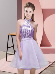 Exceptional Lavender A-line Chiffon Halter Top Sleeveless Sequins Mini Length Backless Bridesmaid Gown
