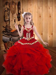 Red Sleeveless Embroidery and Ruffles Floor Length Kids Formal Wear