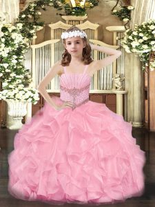 Rose Pink Sleeveless Floor Length Beading and Ruffles Zipper Pageant Gowns For Girls