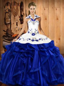 Fancy Sleeveless Floor Length Embroidery and Ruffles Lace Up Quince Ball Gowns with Royal Blue