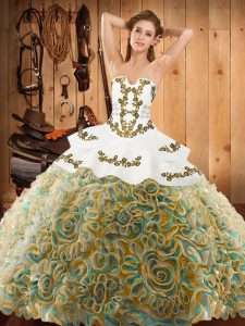 Custom Designed Multi-color Ball Gowns Embroidery Sweet 16 Quinceanera Dress Lace Up Satin and Fabric With Rolling Flowe