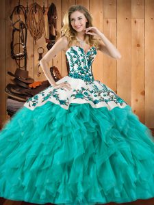 Pretty Floor Length Turquoise Sweet 16 Quinceanera Dress Satin and Organza Sleeveless Embroidery and Ruffles