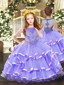 Excellent Ball Gowns Little Girls Pageant Dress Wholesale Lavender Scoop Organza Sleeveless Floor Length Zipper