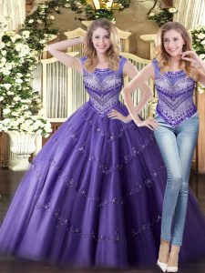 Scoop Sleeveless Sweet 16 Quinceanera Dress Floor Length Beading Purple Tulle
