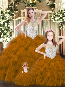 Ball Gowns Quinceanera Dress Brown Scoop Tulle Sleeveless Floor Length Lace Up