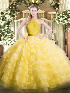 Dramatic Yellow Ball Gowns Organza Scoop Sleeveless Ruffled Layers Floor Length Zipper Quinceanera Gown
