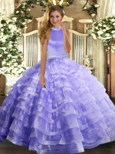 Stylish Lavender Sleeveless Beading and Ruffled Layers Floor Length Quinceanera Gowns