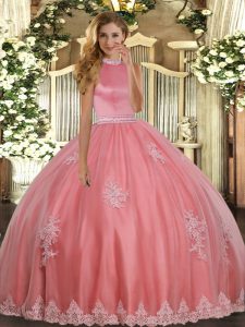 Sleeveless Floor Length Beading and Appliques Backless Ball Gown Prom Dress with Coral Red