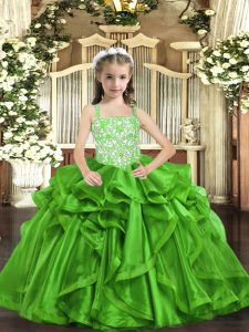 High Quality Floor Length Green Little Girl Pageant Dress Organza Sleeveless Beading and Ruffles