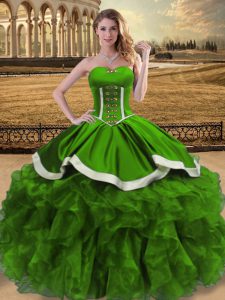 Fashion Sweetheart Sleeveless Quince Ball Gowns Floor Length Beading and Ruffles Green Organza
