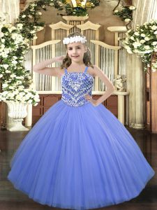 Cute Tulle Straps Sleeveless Lace Up Beading Pageant Gowns For Girls in Blue