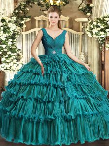 Sleeveless Beading and Ruffled Layers Backless Quince Ball Gowns