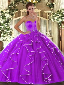 Comfortable Sweetheart Sleeveless Ball Gown Prom Dress Floor Length Beading and Ruffles Eggplant Purple Organza