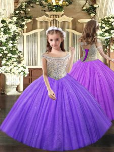Lavender Straps Neckline Beading Little Girls Pageant Dress Sleeveless Lace Up