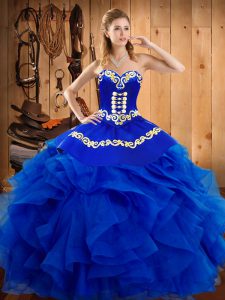 Fashionable Royal Blue Ball Gowns Satin and Organza Sweetheart Sleeveless Embroidery and Ruffles Floor Length Lace Up Sw