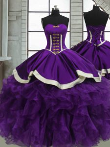 Customized Purple Ball Gowns Sweetheart Sleeveless Satin and Organza Floor Length Lace Up Beading and Ruffles Quinceaner